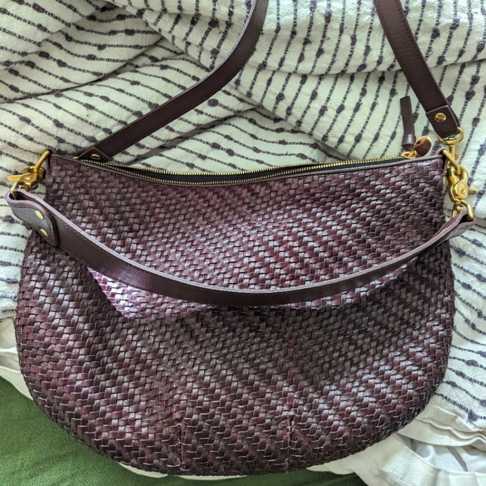 Clare V Woven Leather Hobo Bag in Deep Plum Brown with Gold Hardware